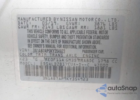 2019 Nissan Sentra Sv из США, поврежденный, VIN 3N1AB7AP9KY354923